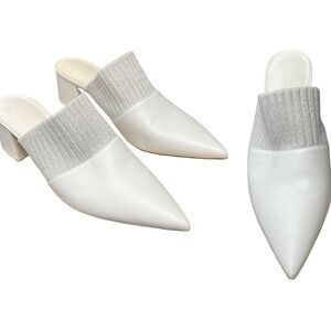 Vince Raven Leather & Knit White Block Heel Pointed Mules Sz 10